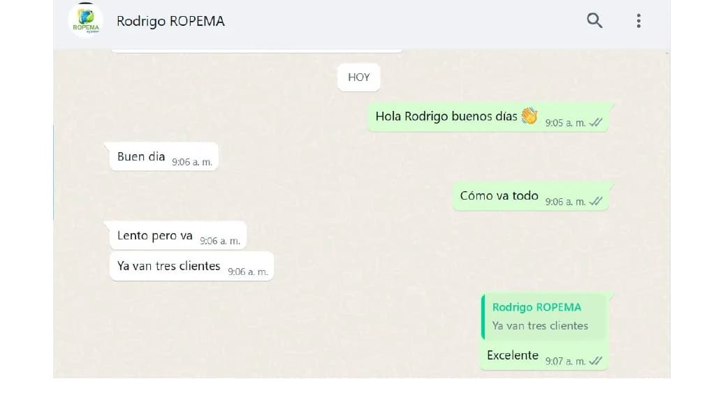 Conversación con Ropema System en la que el cliente reporta tres ventas